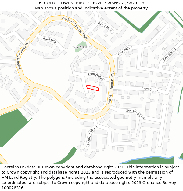 6, COED FEDWEN, BIRCHGROVE, SWANSEA, SA7 0HA: Location map and indicative extent of plot