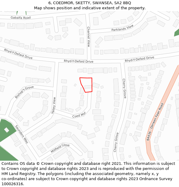 6, COEDMOR, SKETTY, SWANSEA, SA2 8BQ: Location map and indicative extent of plot