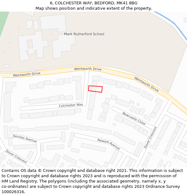 6, COLCHESTER WAY, BEDFORD, MK41 8BG: Location map and indicative extent of plot