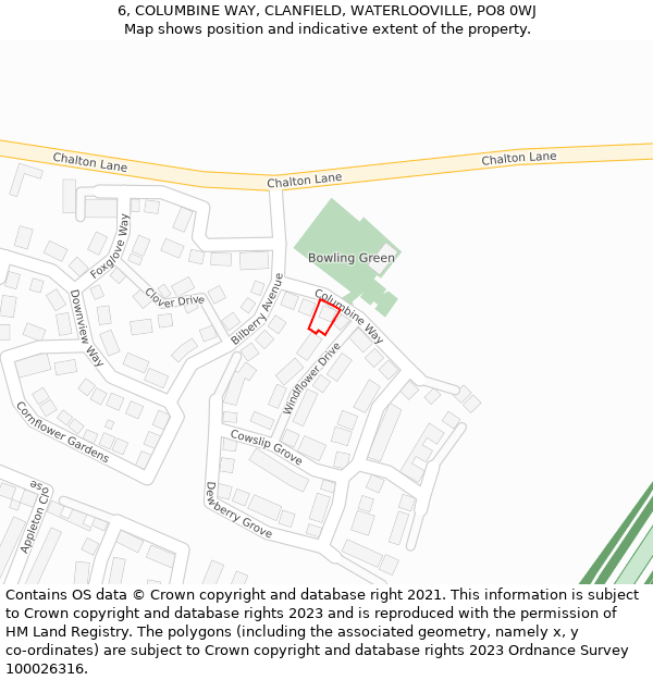 6, COLUMBINE WAY, CLANFIELD, WATERLOOVILLE, PO8 0WJ: Location map and indicative extent of plot