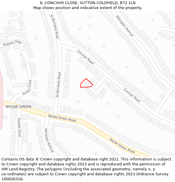 6, CONCHAR CLOSE, SUTTON COLDFIELD, B72 1LN: Location map and indicative extent of plot