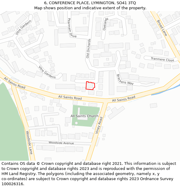 6, CONFERENCE PLACE, LYMINGTON, SO41 3TQ: Location map and indicative extent of plot