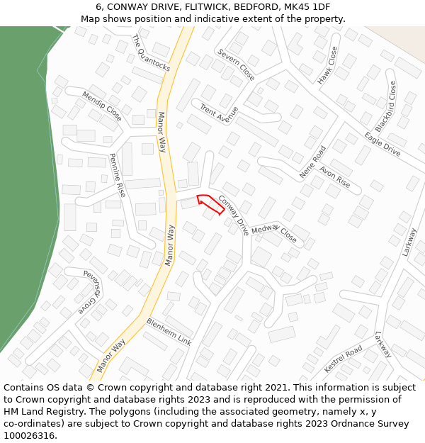 6, CONWAY DRIVE, FLITWICK, BEDFORD, MK45 1DF: Location map and indicative extent of plot