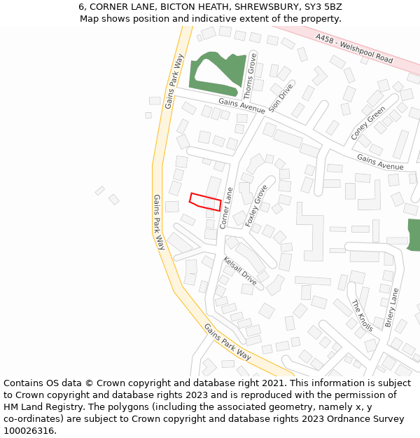 6, CORNER LANE, BICTON HEATH, SHREWSBURY, SY3 5BZ: Location map and indicative extent of plot