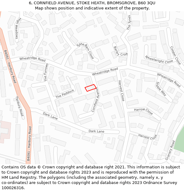 6, CORNFIELD AVENUE, STOKE HEATH, BROMSGROVE, B60 3QU: Location map and indicative extent of plot