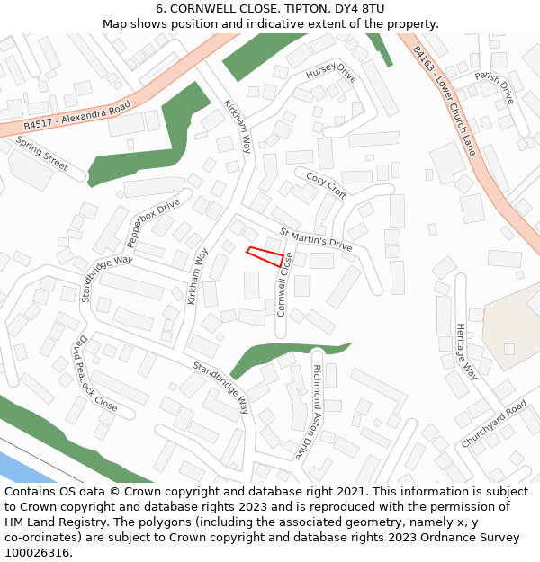 6, CORNWELL CLOSE, TIPTON, DY4 8TU: Location map and indicative extent of plot