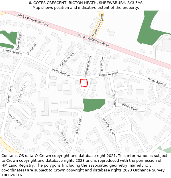 6, COTES CRESCENT, BICTON HEATH, SHREWSBURY, SY3 5AS: Location map and indicative extent of plot