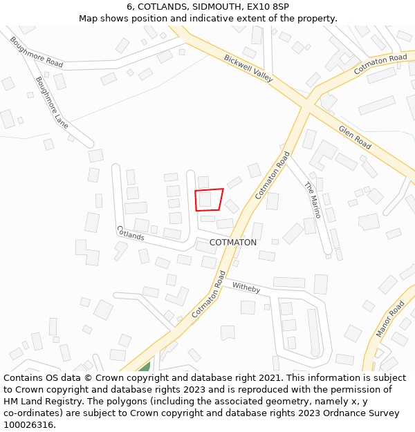 6, COTLANDS, SIDMOUTH, EX10 8SP: Location map and indicative extent of plot