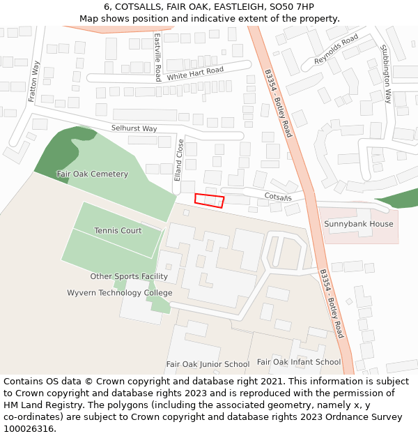 6, COTSALLS, FAIR OAK, EASTLEIGH, SO50 7HP: Location map and indicative extent of plot