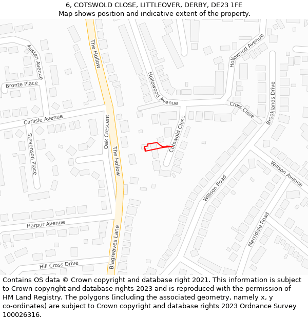 6, COTSWOLD CLOSE, LITTLEOVER, DERBY, DE23 1FE: Location map and indicative extent of plot