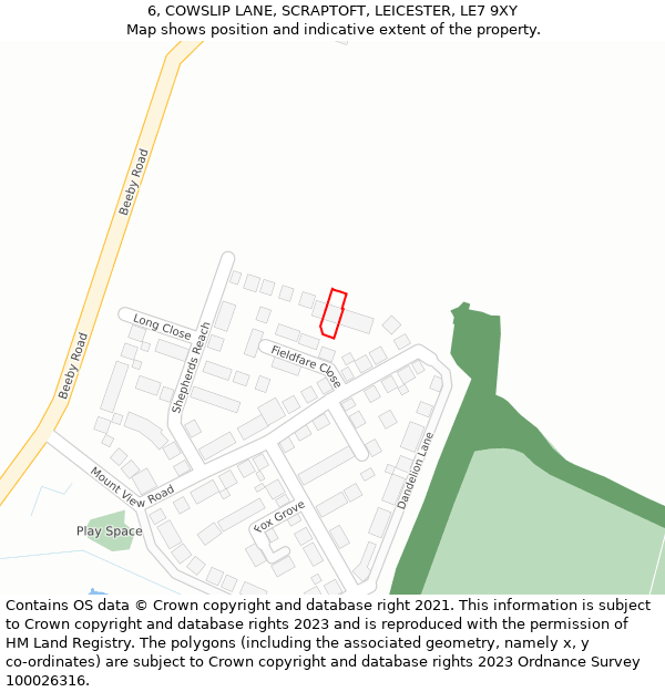 6, COWSLIP LANE, SCRAPTOFT, LEICESTER, LE7 9XY: Location map and indicative extent of plot