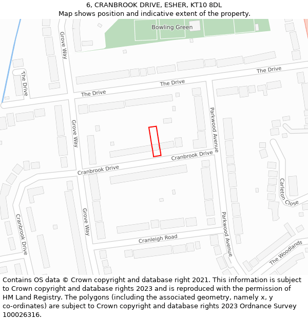 6, CRANBROOK DRIVE, ESHER, KT10 8DL: Location map and indicative extent of plot