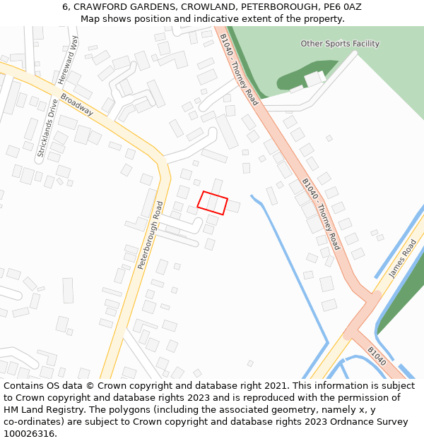 6, CRAWFORD GARDENS, CROWLAND, PETERBOROUGH, PE6 0AZ: Location map and indicative extent of plot
