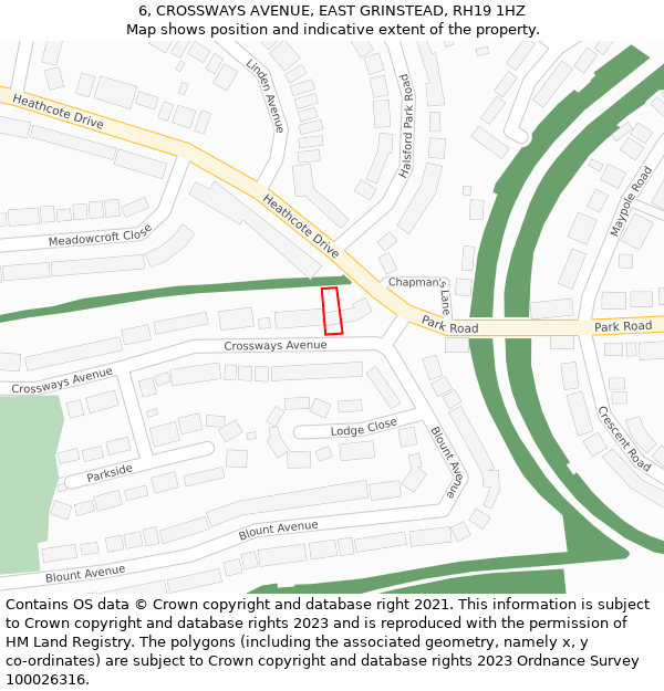 6, CROSSWAYS AVENUE, EAST GRINSTEAD, RH19 1HZ: Location map and indicative extent of plot