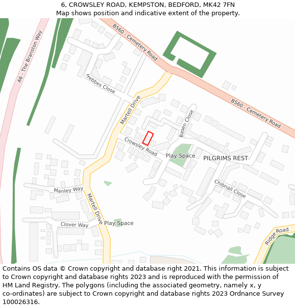 6, CROWSLEY ROAD, KEMPSTON, BEDFORD, MK42 7FN: Location map and indicative extent of plot