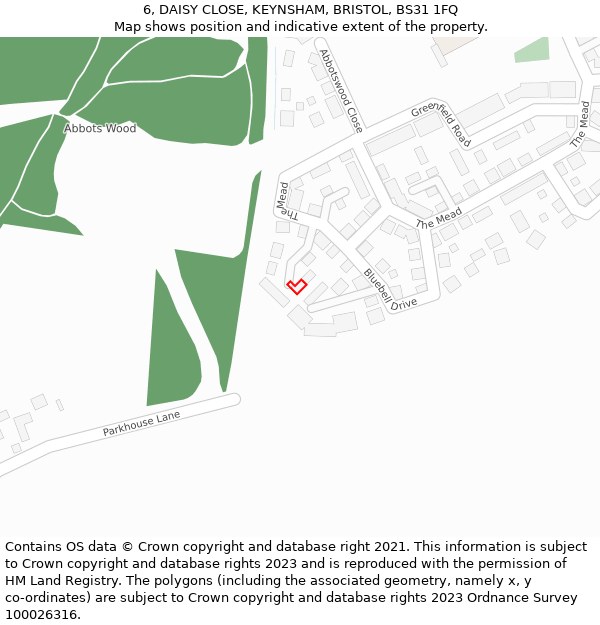 6, DAISY CLOSE, KEYNSHAM, BRISTOL, BS31 1FQ: Location map and indicative extent of plot