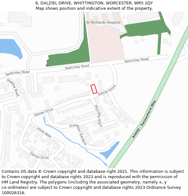6, DALZIEL DRIVE, WHITTINGTON, WORCESTER, WR5 2QY: Location map and indicative extent of plot
