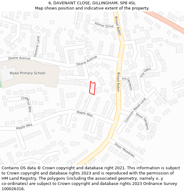 6, DAVENANT CLOSE, GILLINGHAM, SP8 4SL: Location map and indicative extent of plot