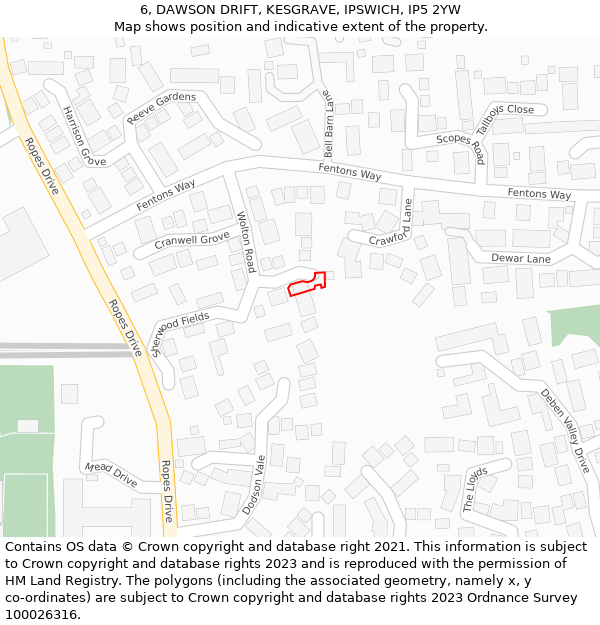 6, DAWSON DRIFT, KESGRAVE, IPSWICH, IP5 2YW: Location map and indicative extent of plot