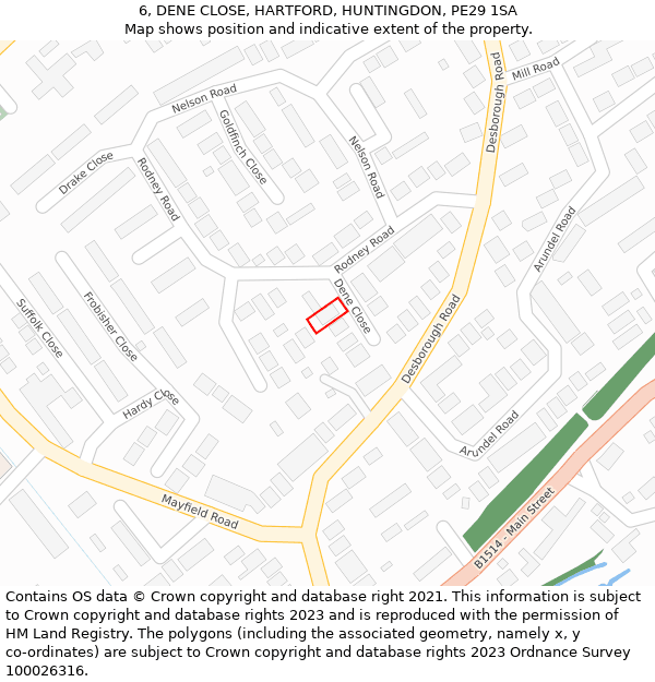 6, DENE CLOSE, HARTFORD, HUNTINGDON, PE29 1SA: Location map and indicative extent of plot