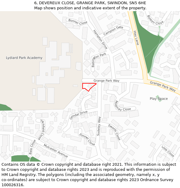 6, DEVEREUX CLOSE, GRANGE PARK, SWINDON, SN5 6HE: Location map and indicative extent of plot