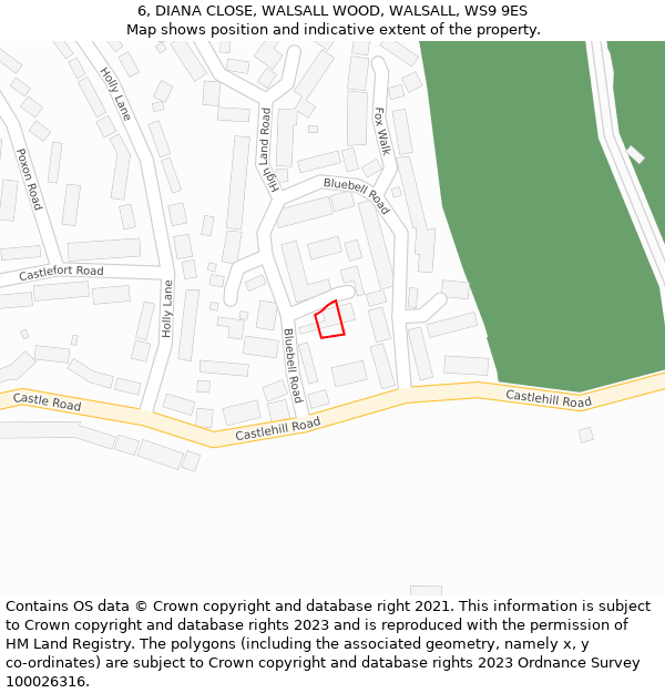 6, DIANA CLOSE, WALSALL WOOD, WALSALL, WS9 9ES: Location map and indicative extent of plot