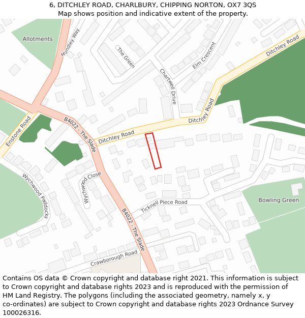 6, DITCHLEY ROAD, CHARLBURY, CHIPPING NORTON, OX7 3QS: Location map and indicative extent of plot