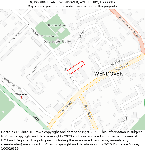 6, DOBBINS LANE, WENDOVER, AYLESBURY, HP22 6BP: Location map and indicative extent of plot