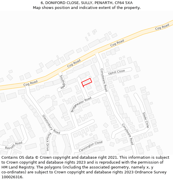 6, DONIFORD CLOSE, SULLY, PENARTH, CF64 5XA: Location map and indicative extent of plot