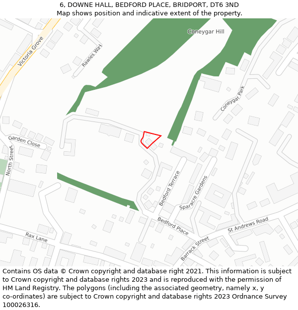 6, DOWNE HALL, BEDFORD PLACE, BRIDPORT, DT6 3ND: Location map and indicative extent of plot