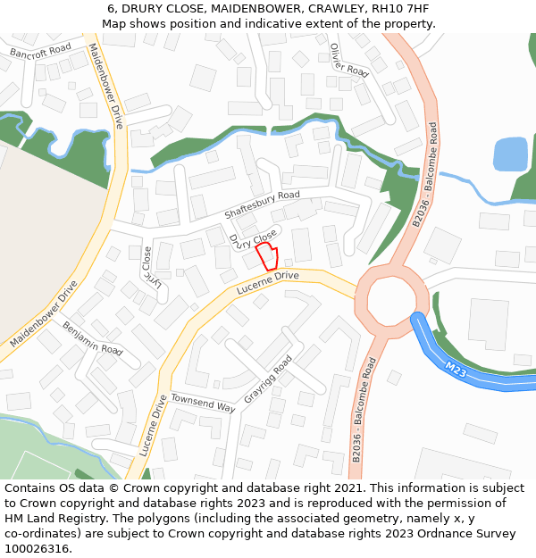 6, DRURY CLOSE, MAIDENBOWER, CRAWLEY, RH10 7HF: Location map and indicative extent of plot