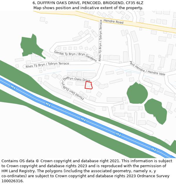 6, DUFFRYN OAKS DRIVE, PENCOED, BRIDGEND, CF35 6LZ: Location map and indicative extent of plot