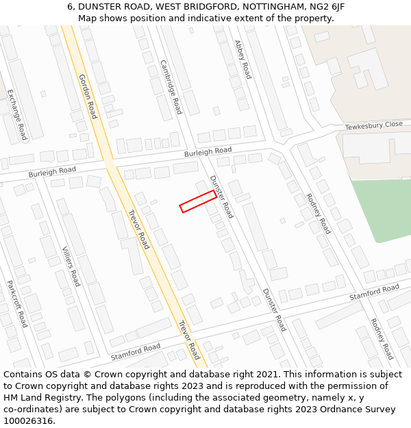 6, DUNSTER ROAD, WEST BRIDGFORD, NOTTINGHAM, NG2 6JF: Location map and indicative extent of plot
