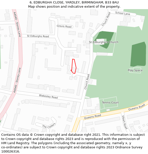 6, EDBURGHA CLOSE, YARDLEY, BIRMINGHAM, B33 8AU: Location map and indicative extent of plot