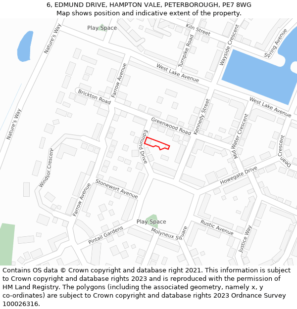 6, EDMUND DRIVE, HAMPTON VALE, PETERBOROUGH, PE7 8WG: Location map and indicative extent of plot