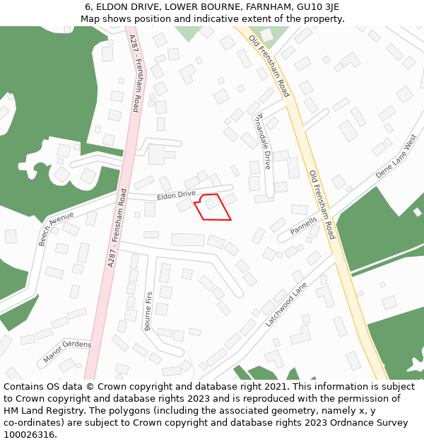6, ELDON DRIVE, LOWER BOURNE, FARNHAM, GU10 3JE: Location map and indicative extent of plot