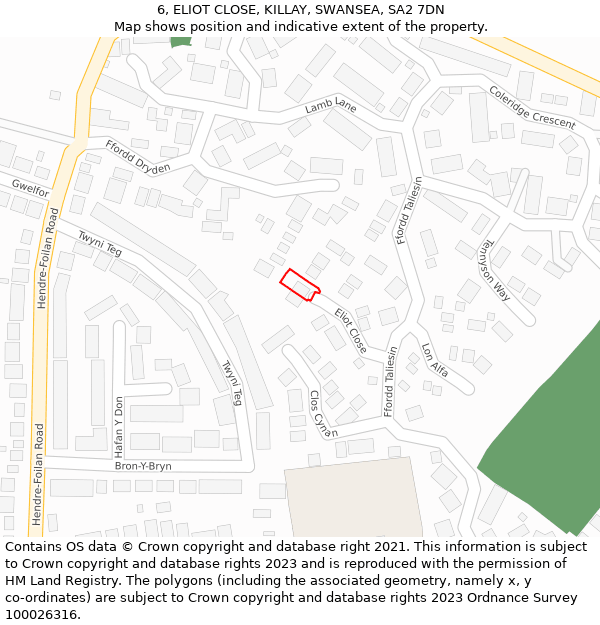 6, ELIOT CLOSE, KILLAY, SWANSEA, SA2 7DN: Location map and indicative extent of plot