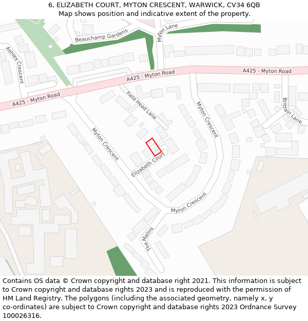 6, ELIZABETH COURT, MYTON CRESCENT, WARWICK, CV34 6QB: Location map and indicative extent of plot