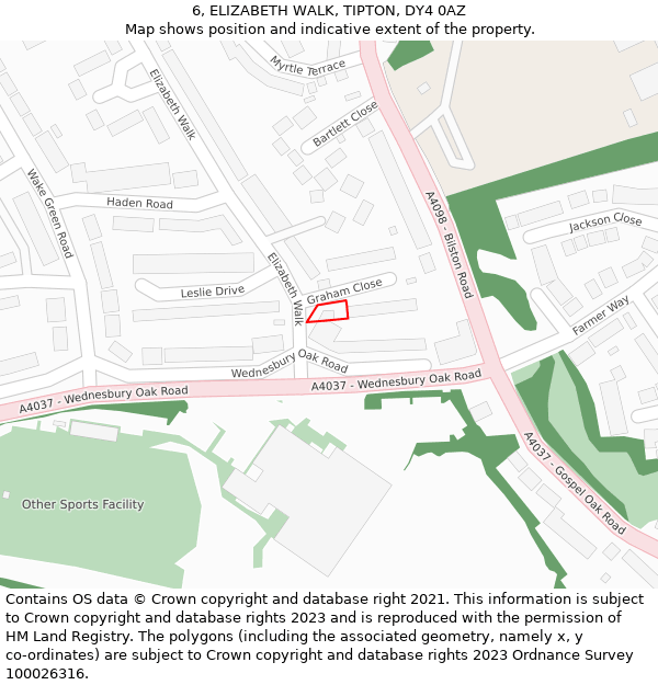 6, ELIZABETH WALK, TIPTON, DY4 0AZ: Location map and indicative extent of plot