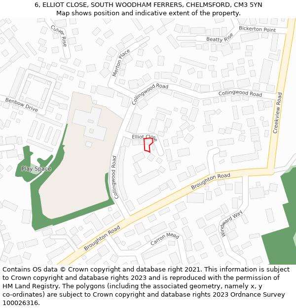 6, ELLIOT CLOSE, SOUTH WOODHAM FERRERS, CHELMSFORD, CM3 5YN: Location map and indicative extent of plot