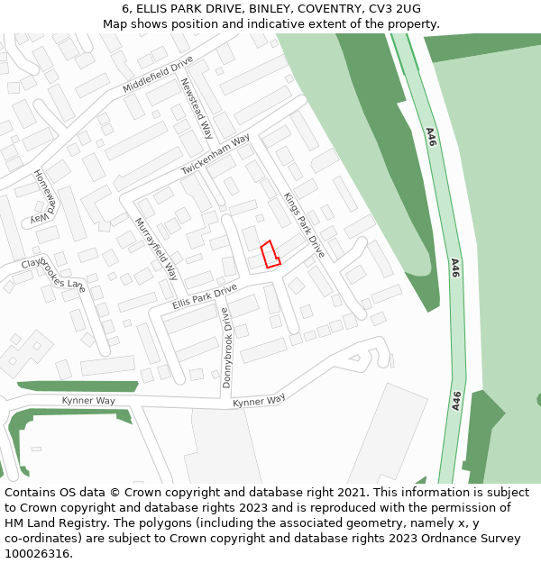 6, ELLIS PARK DRIVE, BINLEY, COVENTRY, CV3 2UG: Location map and indicative extent of plot