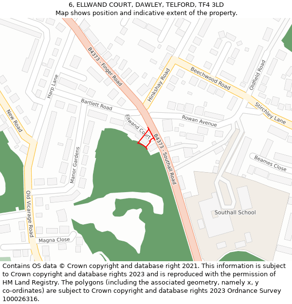 6, ELLWAND COURT, DAWLEY, TELFORD, TF4 3LD: Location map and indicative extent of plot