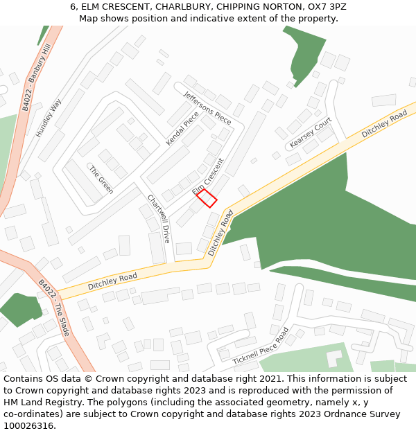 6, ELM CRESCENT, CHARLBURY, CHIPPING NORTON, OX7 3PZ: Location map and indicative extent of plot