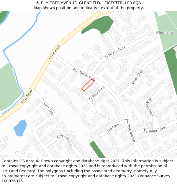 6, ELM TREE AVENUE, GLENFIELD, LEICESTER, LE3 8QA: Location map and indicative extent of plot