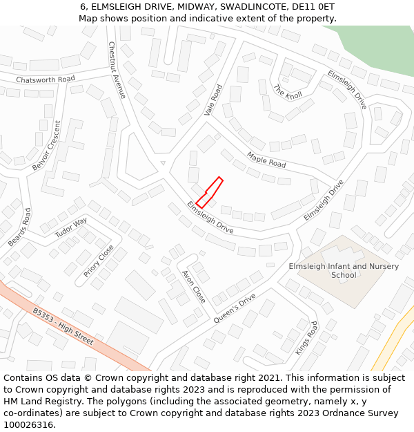 6, ELMSLEIGH DRIVE, MIDWAY, SWADLINCOTE, DE11 0ET: Location map and indicative extent of plot