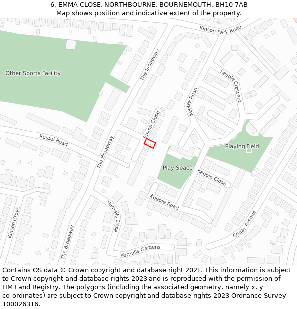 6, EMMA CLOSE, NORTHBOURNE, BOURNEMOUTH, BH10 7AB: Location map and indicative extent of plot