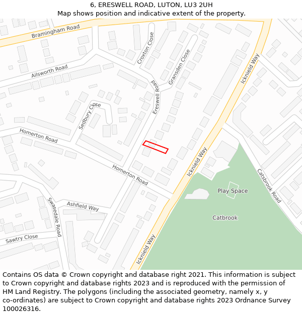 6, ERESWELL ROAD, LUTON, LU3 2UH: Location map and indicative extent of plot