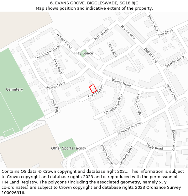 6, EVANS GROVE, BIGGLESWADE, SG18 8JG: Location map and indicative extent of plot