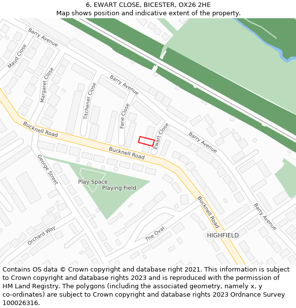 6, EWART CLOSE, BICESTER, OX26 2HE: Location map and indicative extent of plot