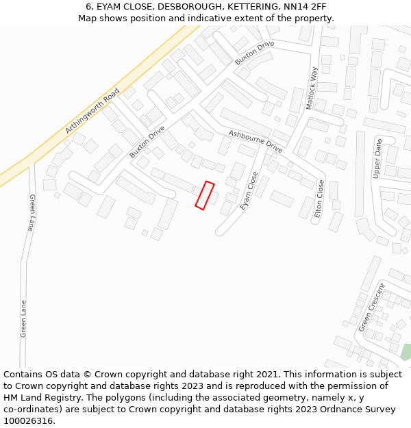 6, EYAM CLOSE, DESBOROUGH, KETTERING, NN14 2FF: Location map and indicative extent of plot